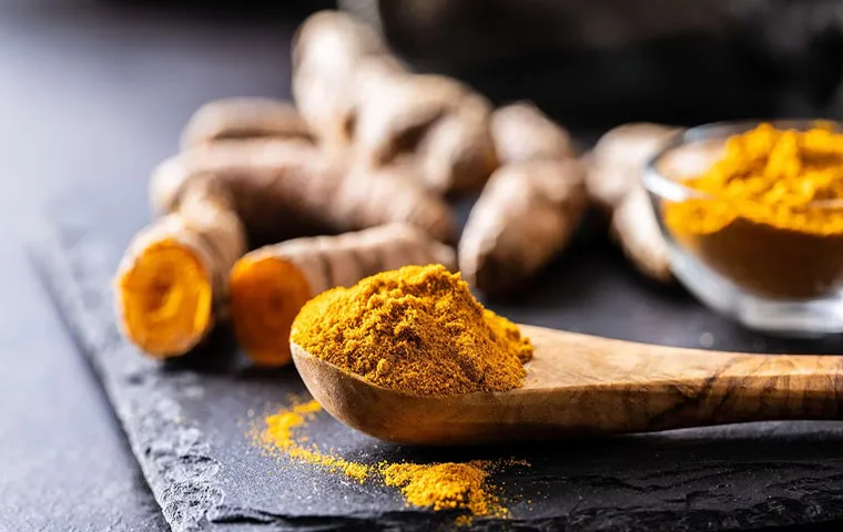 یک قاشق چوبی حاوی زردچوبه پودرشده در کنار زردچوبه قلم هندی