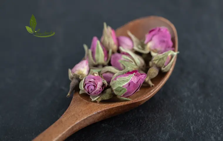 تعدادی غنچه گل محمدی داراب درون بشقاب چوبی